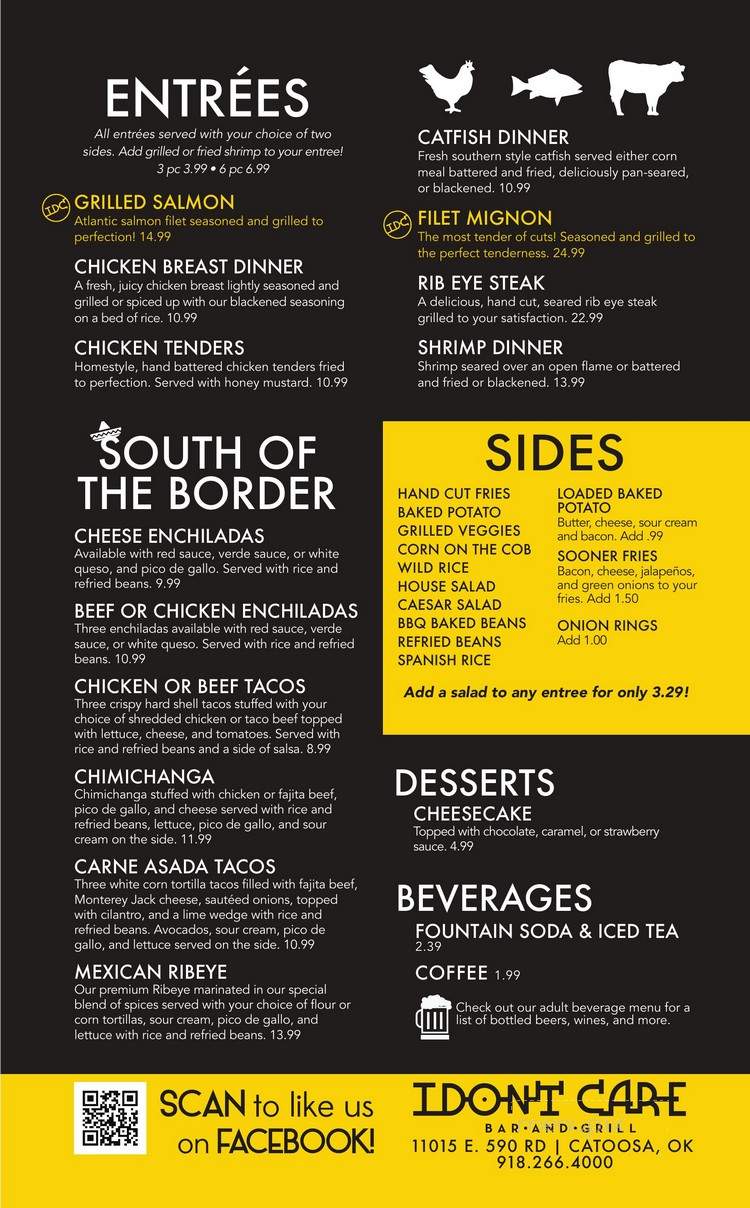 Menu of I Don�t Care Bar &amp; Grill in Catoosa, OK 74015