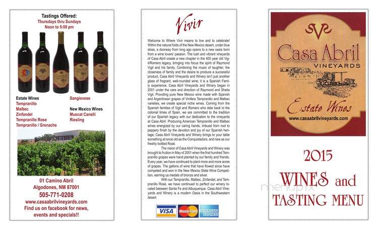 Casa Abril Vineyards & Winery - Algodones, NM menu_pic
