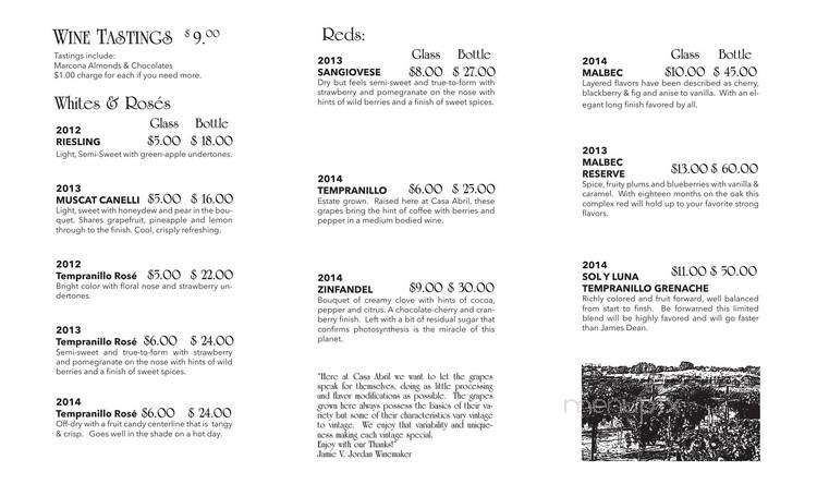 Casa Abril Vineyards & Winery - Algodones, NM menu_pic