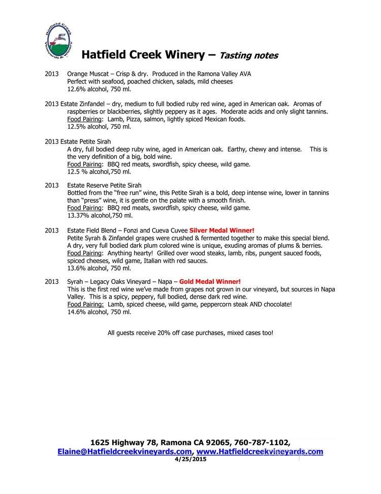 Hatfield Creek Winery - Ramona, CA menu_pic