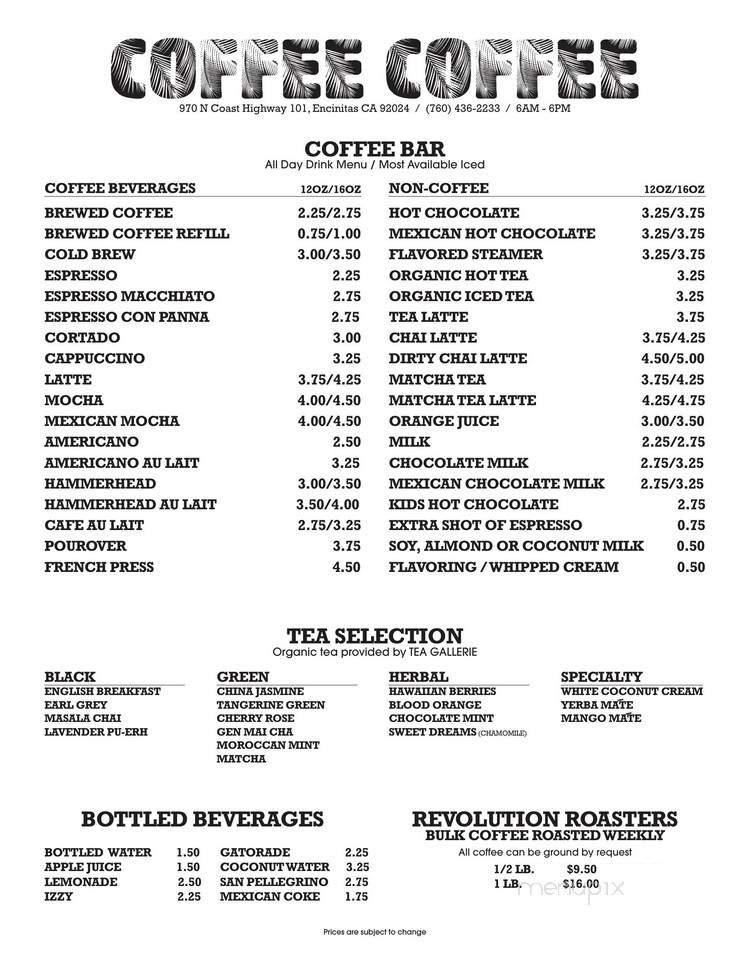 Coffee Coffee - Encinitas, CA menu_pic