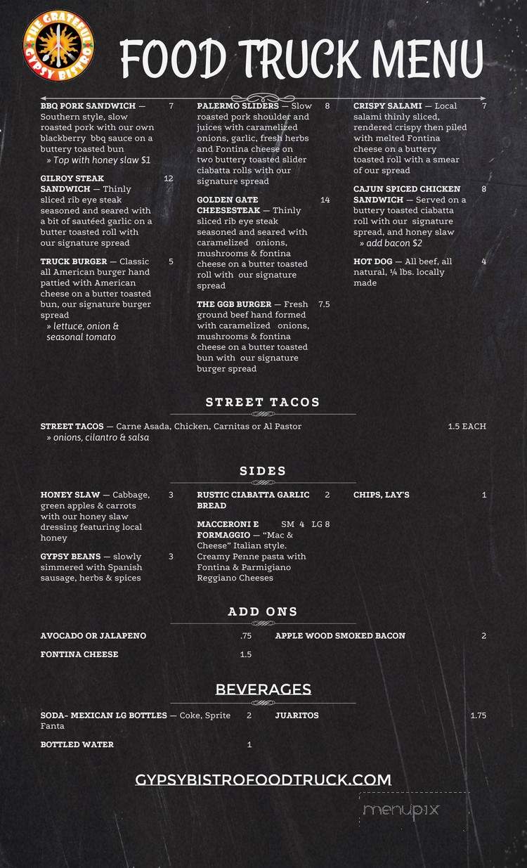 The Grateful Gypsy Bistro - San Jose, CA menu_pic