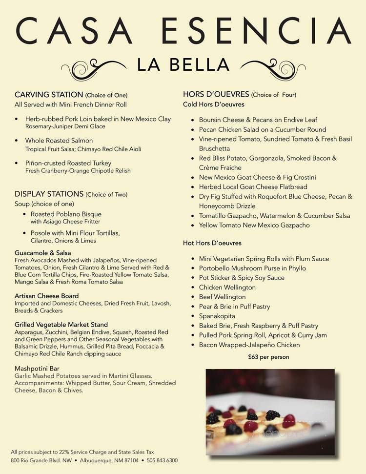 Casa Esencia - Albuquerque, NM menu_pic