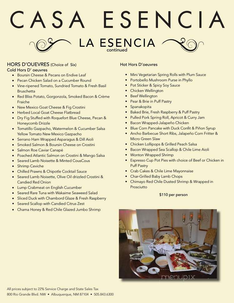 Casa Esencia - Albuquerque, NM menu_pic