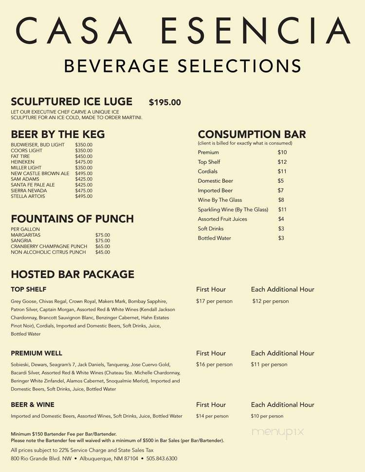 Casa Esencia - Albuquerque, NM menu_pic