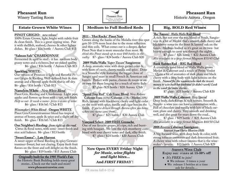 Pheasant Run Winery Tasting Room - Aurora, OR menu_pic