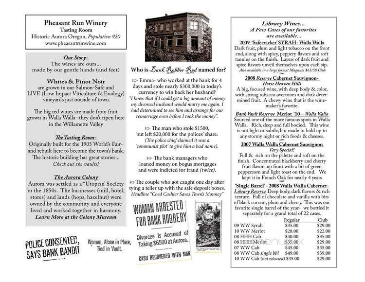 Pheasant Run Winery Tasting Room - Aurora, OR menu_pic
