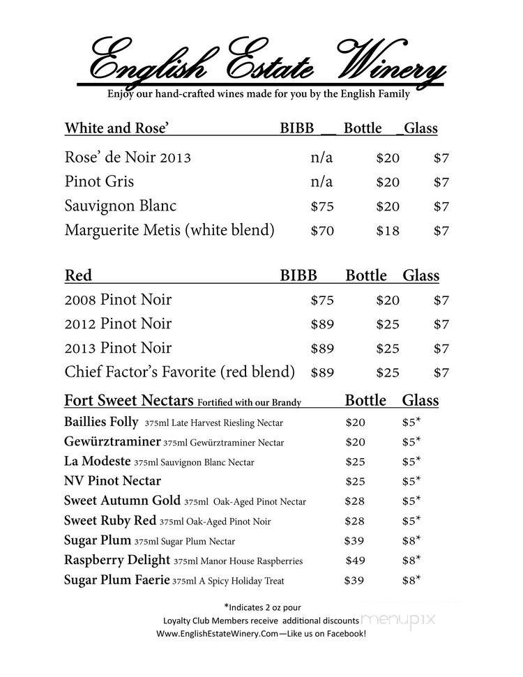English Estate Winery - Vancouver, WA menu_pic