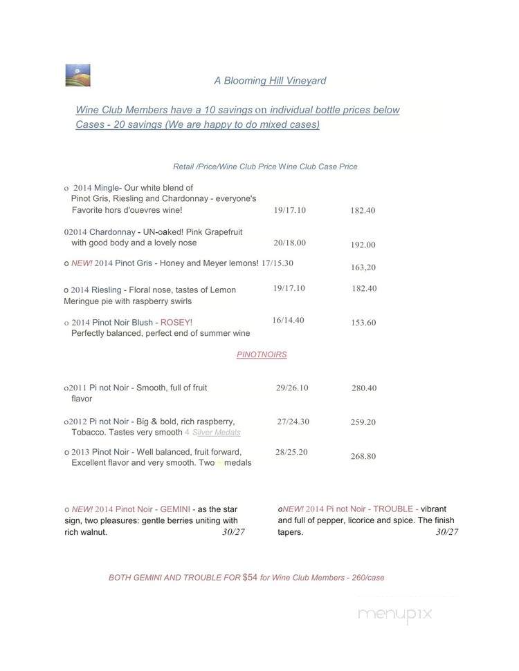 A Blooming Hill Vineyard and Winery - Cornelius, OR menu_pic