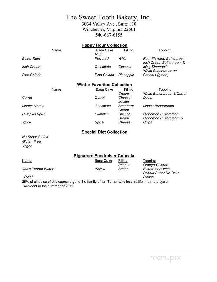 The Sweet Tooth Bakery - Winchester, VA menu_pic
