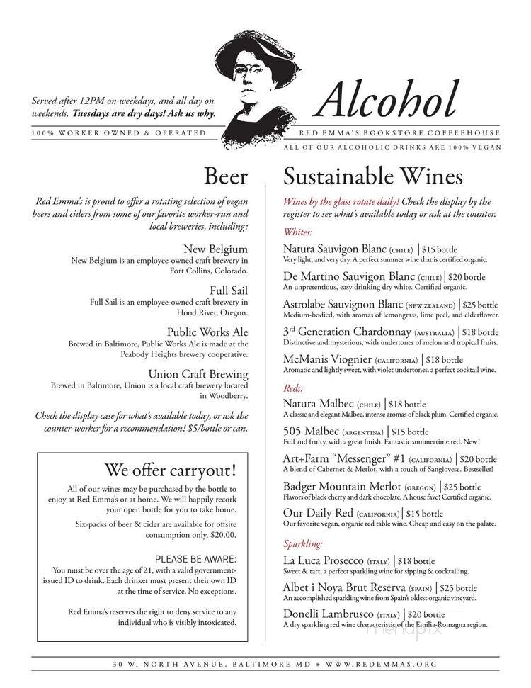 Red Emma's Bookstore Coffeehouse - Baltimore, MD menu_pic