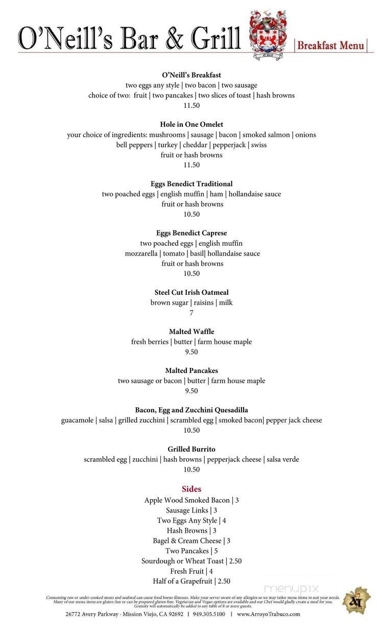 O'Neill's Bar and Grill - Mission Viejo, CA menu_pic
