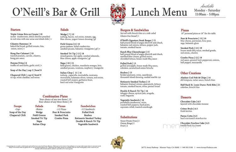 O'Neill's Bar and Grill - Mission Viejo, CA menu_pic