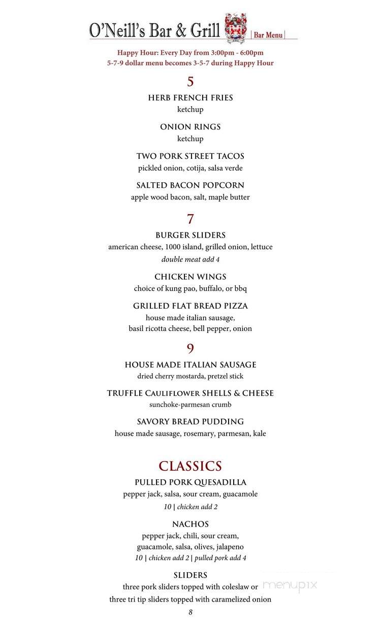 O'Neill's Bar and Grill - Mission Viejo, CA menu_pic