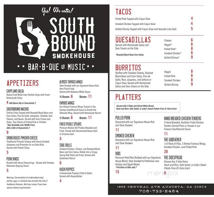 Southbound Smokehouse - Augusta, GA menu_pic