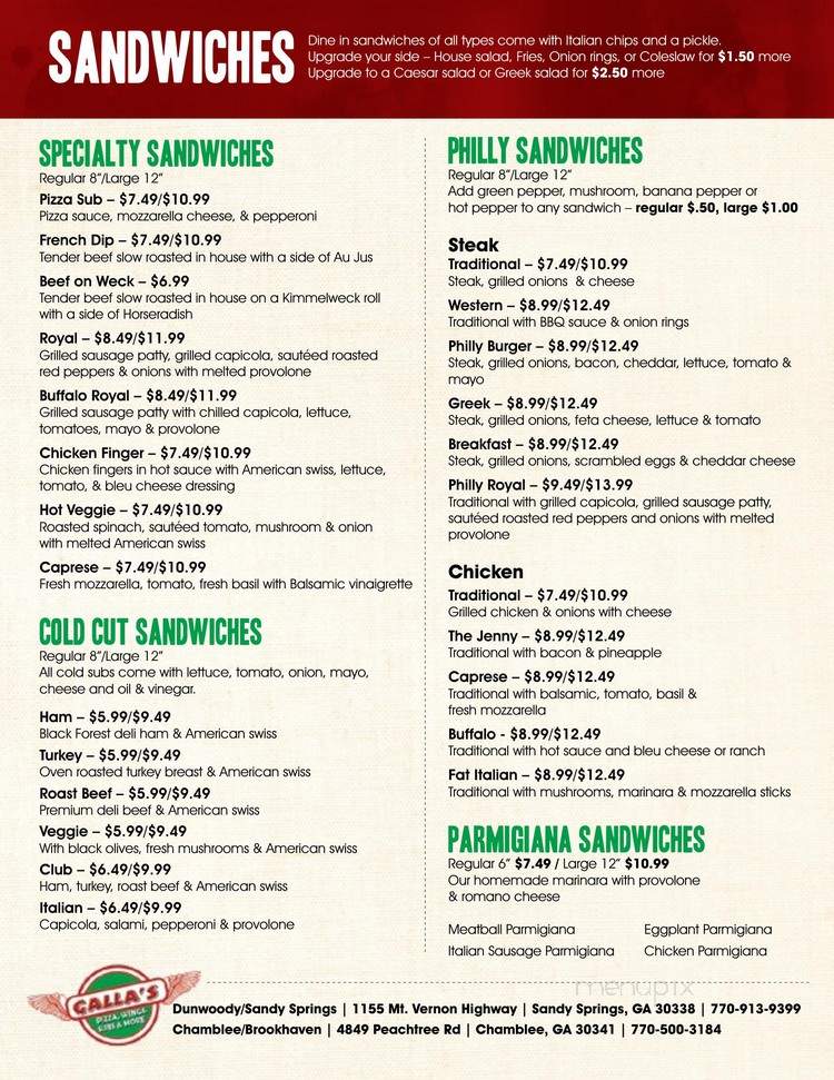 Galla's Pizza, Wings & Subs - Norcross, GA menu_pic