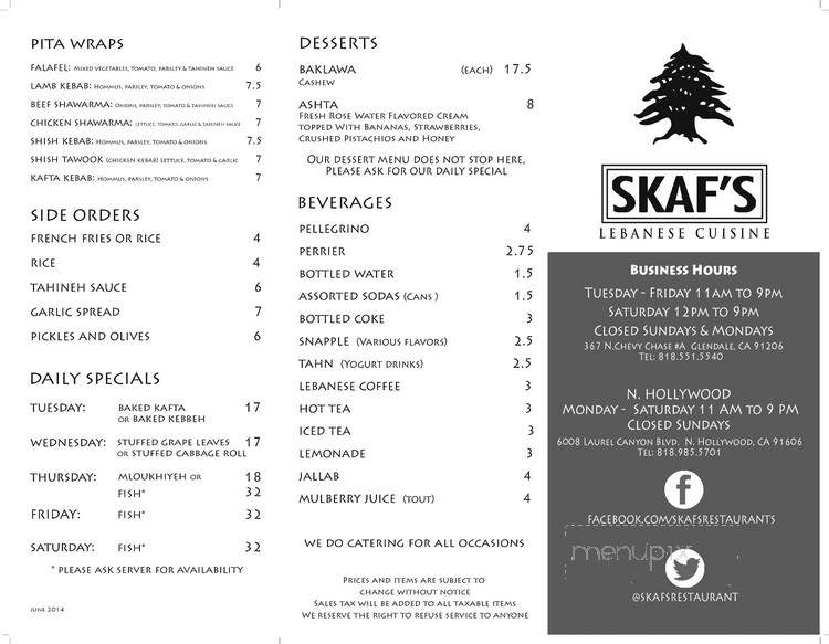 Skafs lebanese cuisine - Glendale, CA menu_pic
