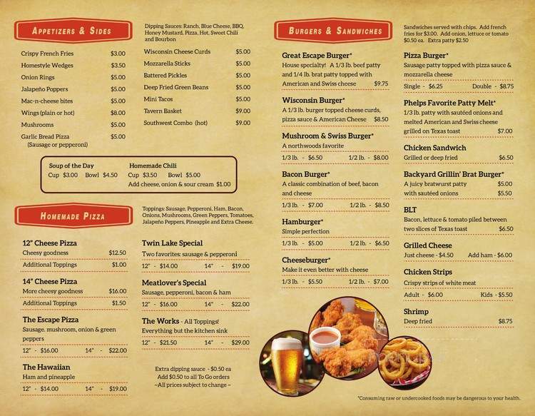 Great Escape Bar - Phelps, WI menu_pic