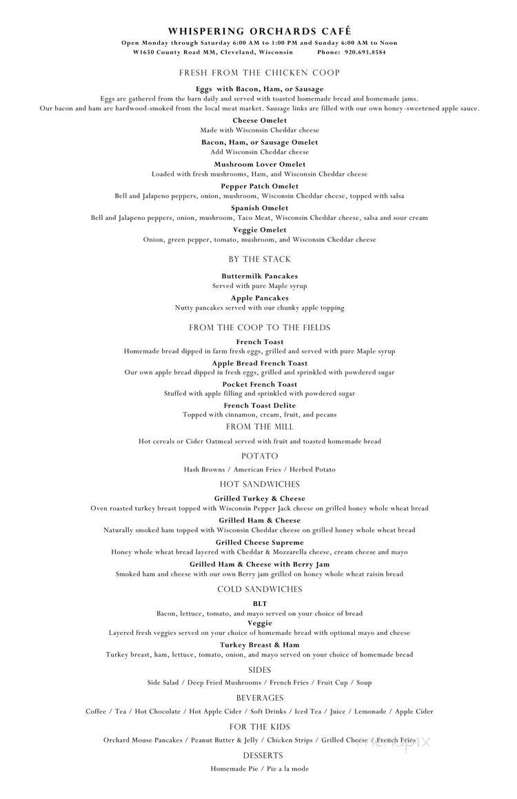 Whispering Orchards - Cleveland, WI menu_pic
