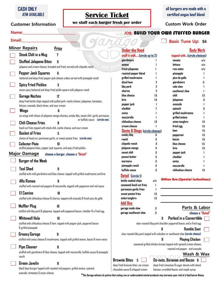 The Garage - Kenosha, WI menu_pic