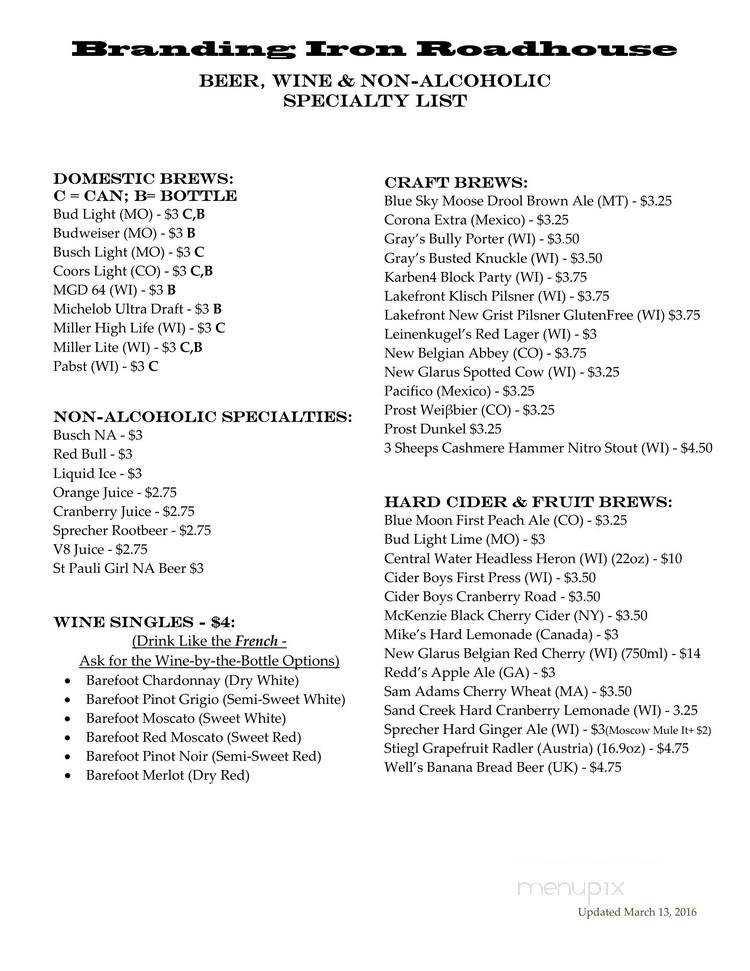 Branding Iron Road house - Lime Ridge, WI menu_pic