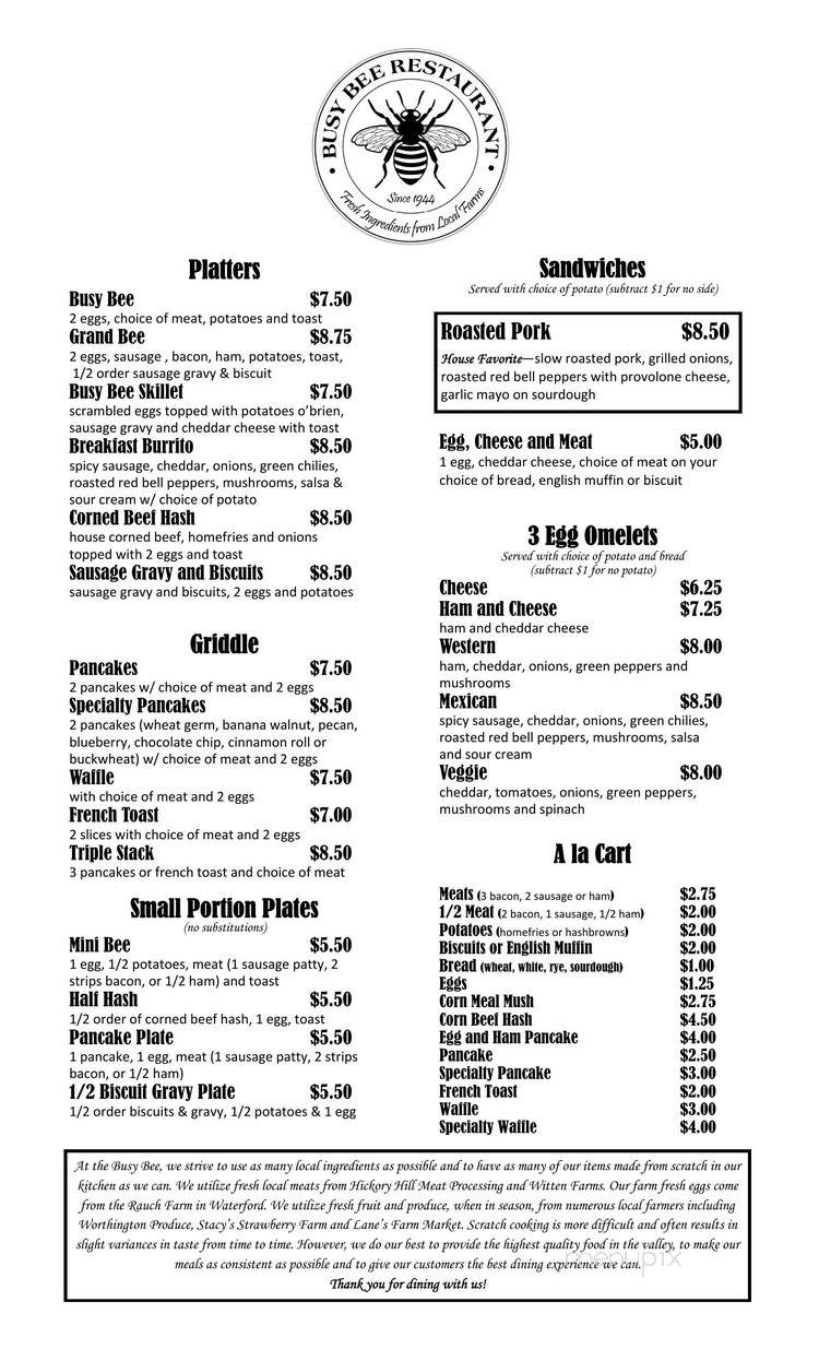 Busy Bee Restaurant - Marietta, OH menu_pic