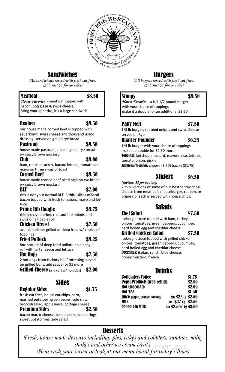 Busy Bee Restaurant - Marietta, OH menu_pic