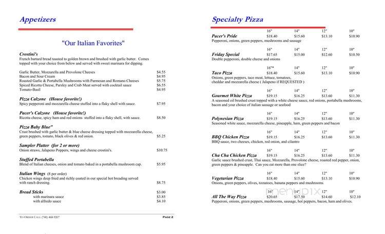 Pacer's Pizza & Bakery - Pleasantville, OH menu_pic