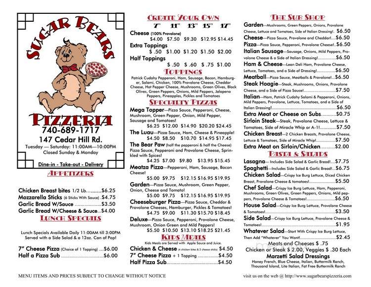 Online Menu Of Sugar Bears Pizzeria Lancaster Oh