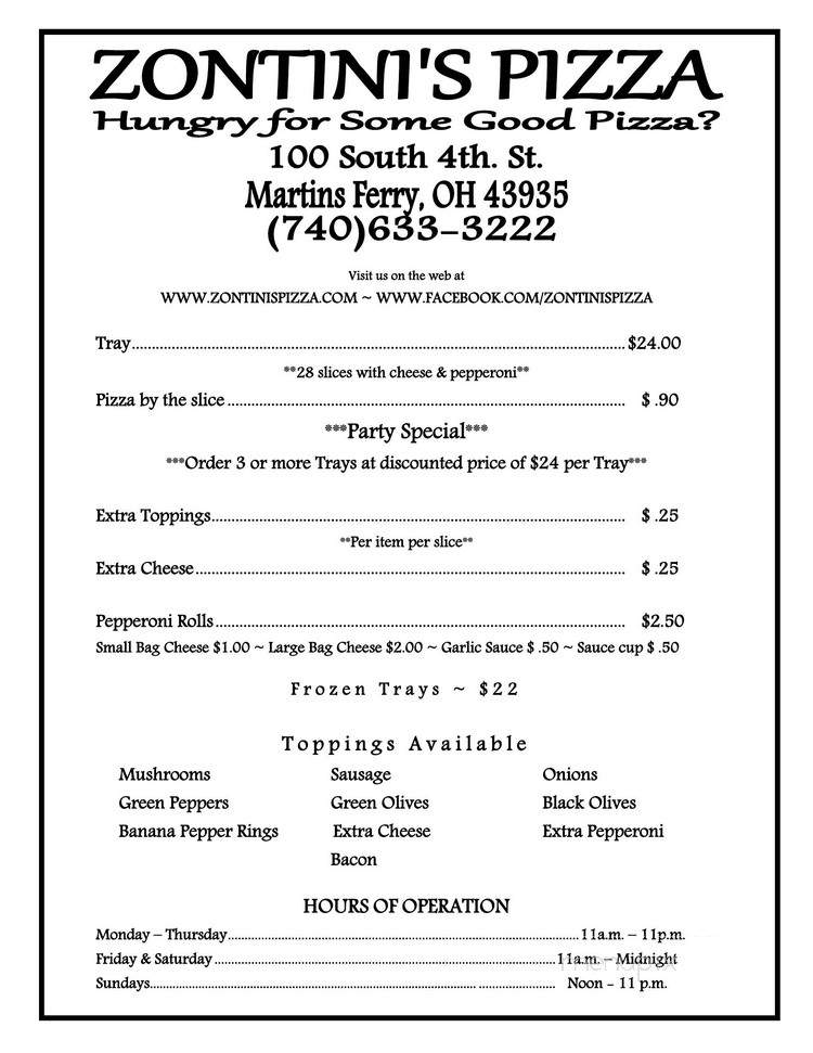 Zontini's Pizza - Martins Ferry, OH menu_pic