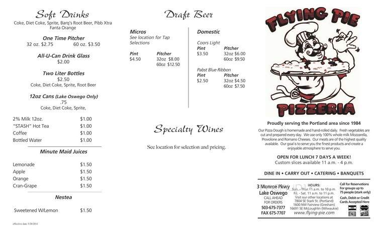 Flying Pie Pizzeria - Lake Oswego, OR menu_pic