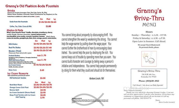 Granny's Drive-Thru - Estacada, OR menu_pic
