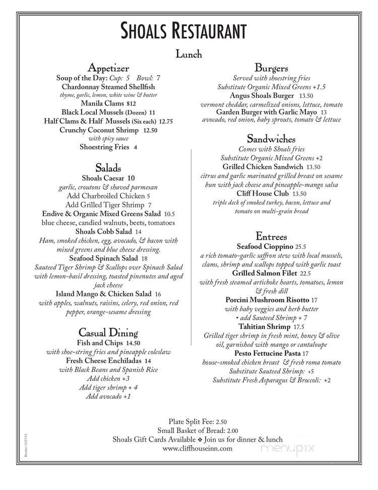 Shoals Restaurant at The Cliff House Inn - Ventura, CA menu_pic