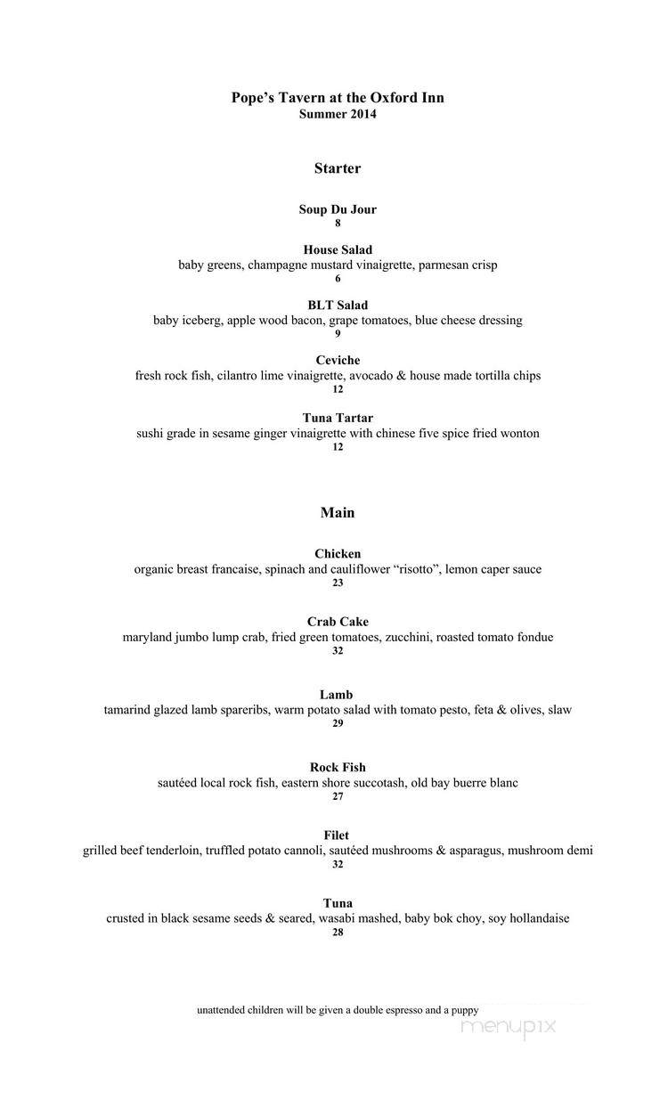Pope's Tavern at the Oxford Inn - Oxford, MD menu_pic