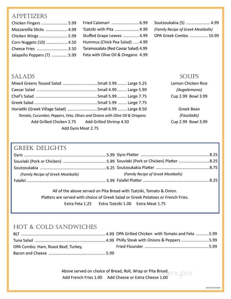 Opa Cafe - Summerville, SC menu_pic