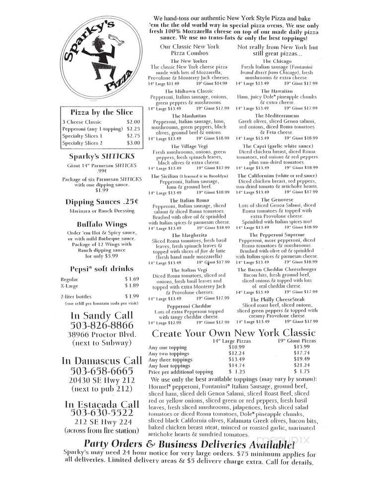 Sparky's Pizza - Happy Valley, OR menu_pic