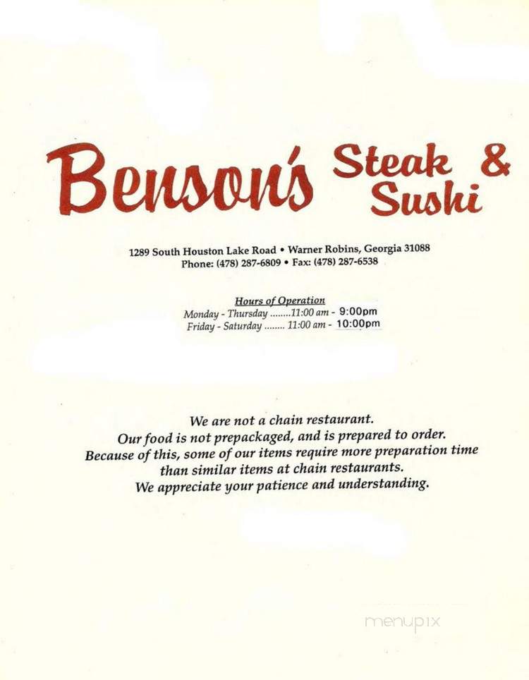 Benson's Steak and Sushi - Warner Robins, GA menu_pic