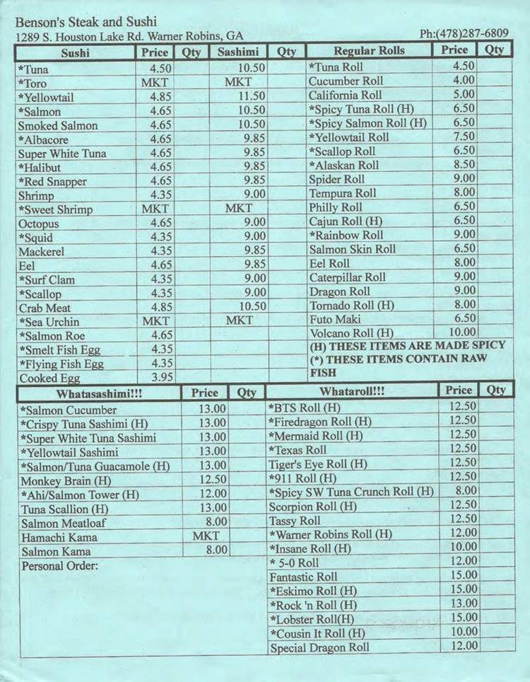 Benson's Steak and Sushi - Warner Robins, GA menu_pic