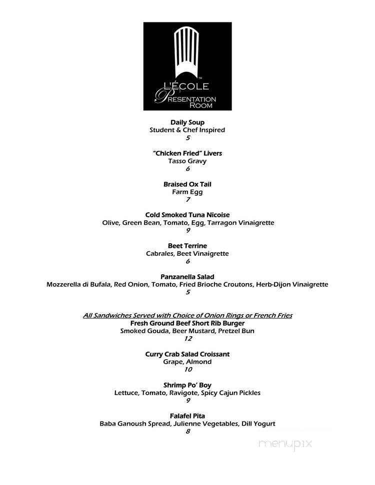 L'Ecole Culinaire Presentation Room - Cordova, TN menu_pic