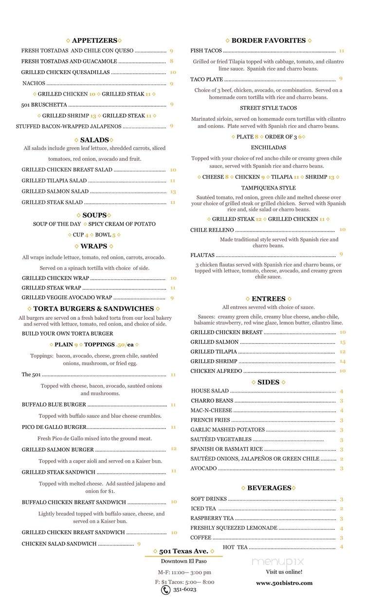 501 Bar Bistro - El Paso, TX menu_pic