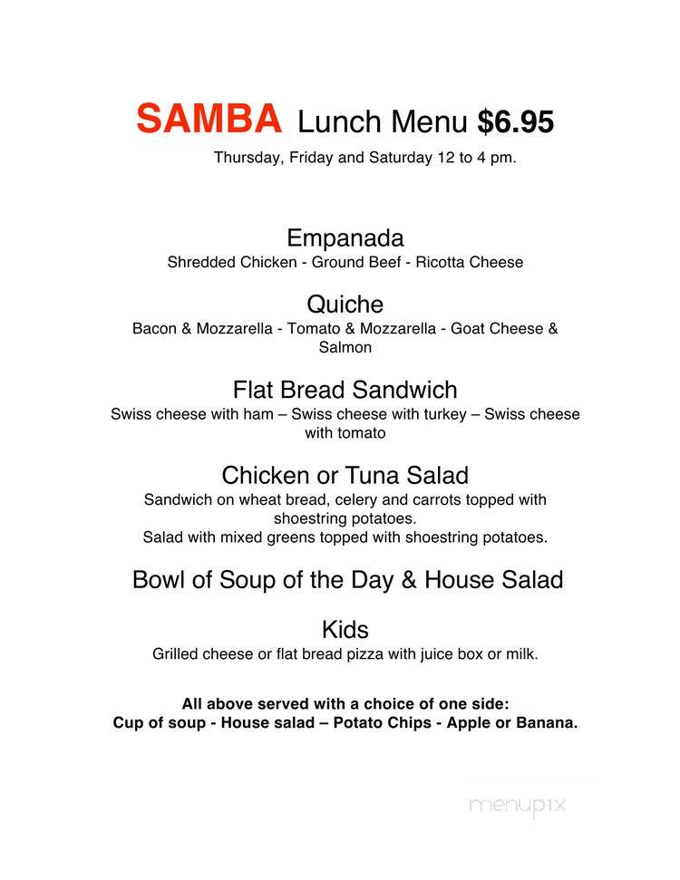 Samba Cafe and Inn - Jeffersonville, NY menu_pic