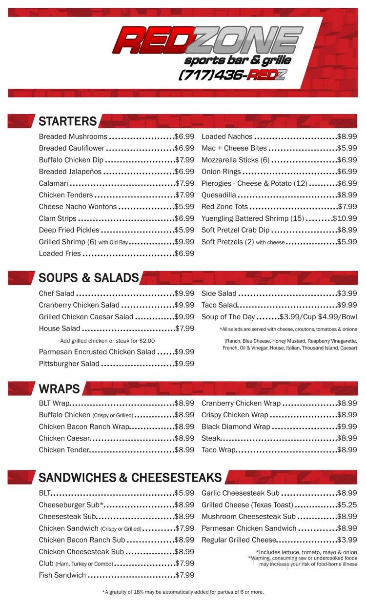 Red Zone Sports Bar and Grille - Mifflintown, PA menu_pic