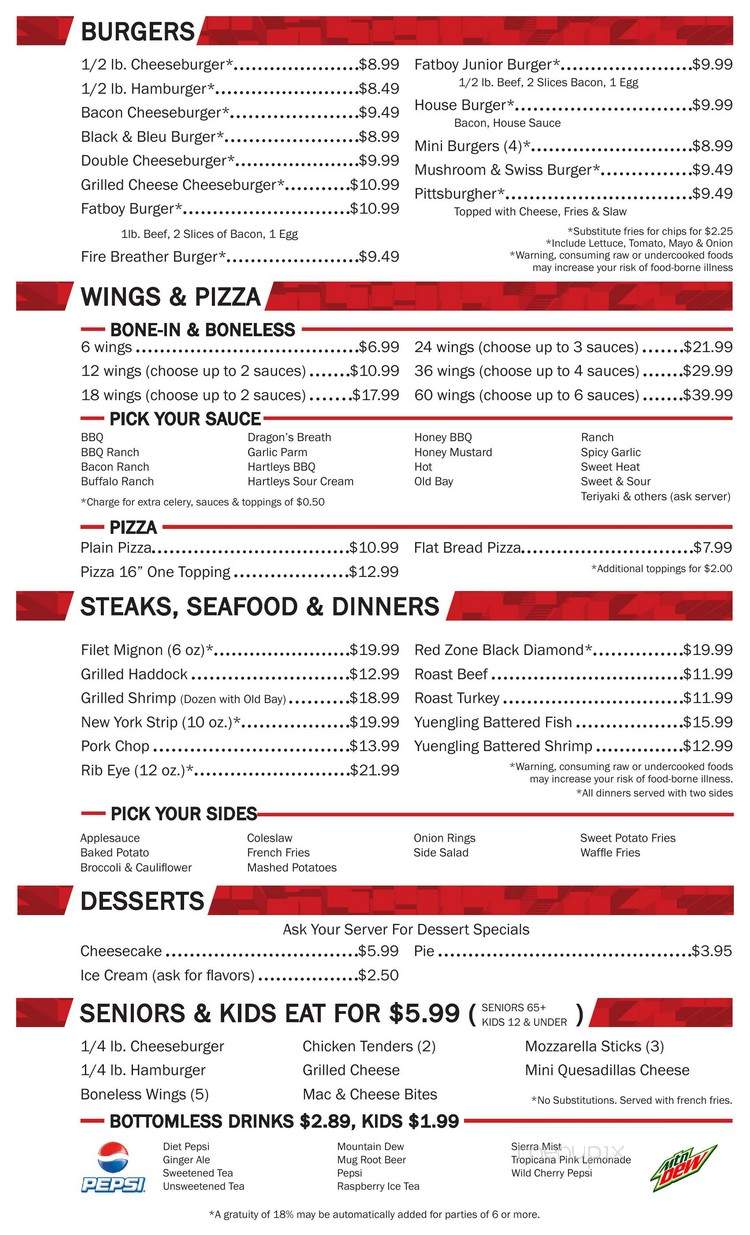 Red Zone Sports Bar and Grille - Mifflintown, PA menu_pic