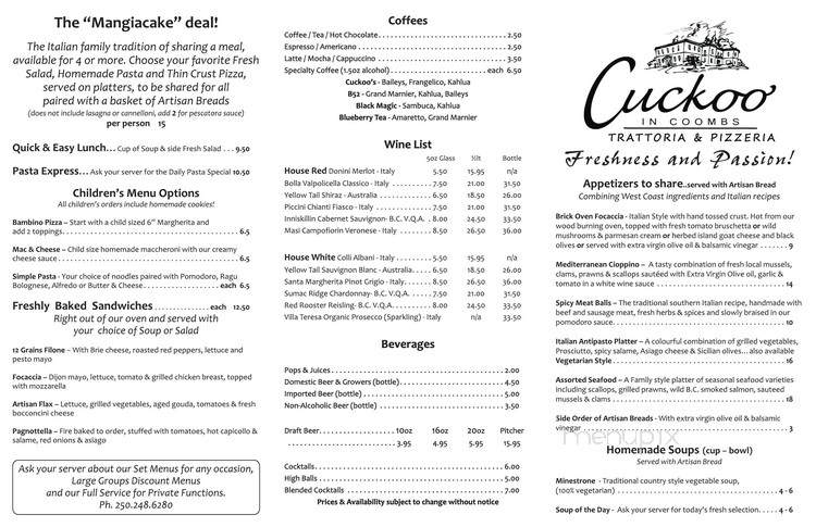 Cuckoo in Coombs Trattoria Pizzeria - Parksville, BC menu_pic
