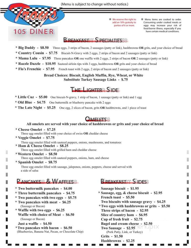 Troy's Diner - Boone, NC menu_pic