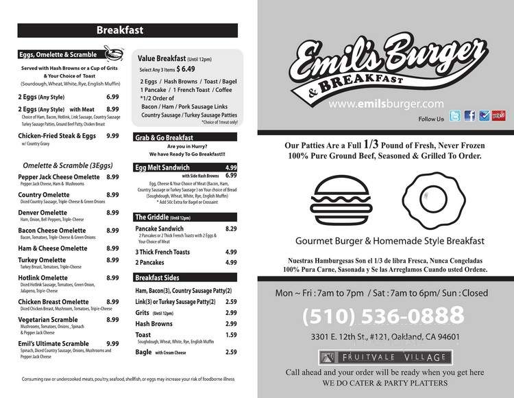 Emil's Burger and Breakfast - Oakland, CA menu_pic