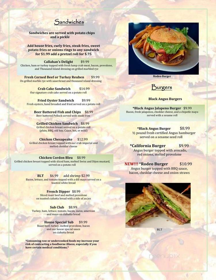Menu of Callahan's Restaurant in Frederick, MD 21702