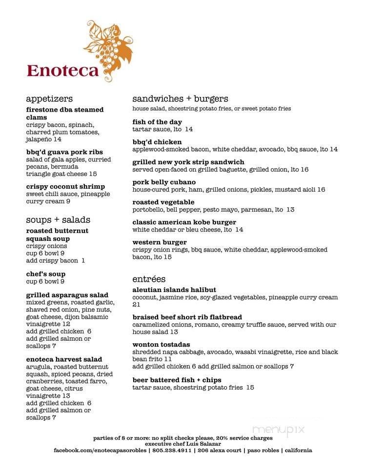 Enoteca Restaurant and Bar - Paso Robles, CA menu_pic