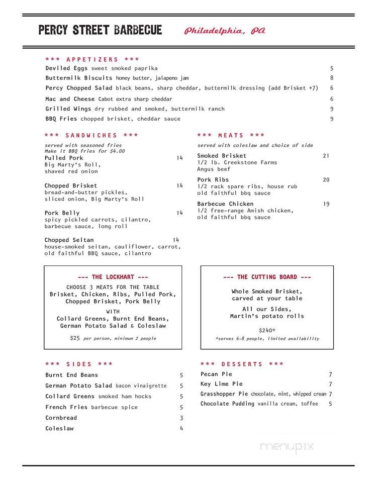 Percy Street Barbecue - Philadelphia, PA menu_pic