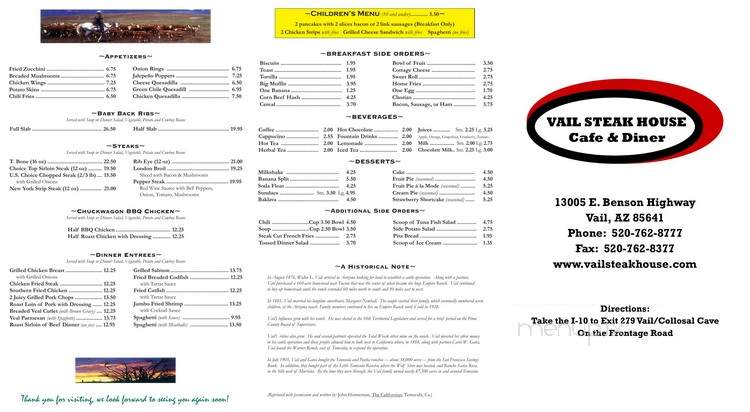 Vail Steakhouse Cafe & Diner - Vail, AZ menu_pic